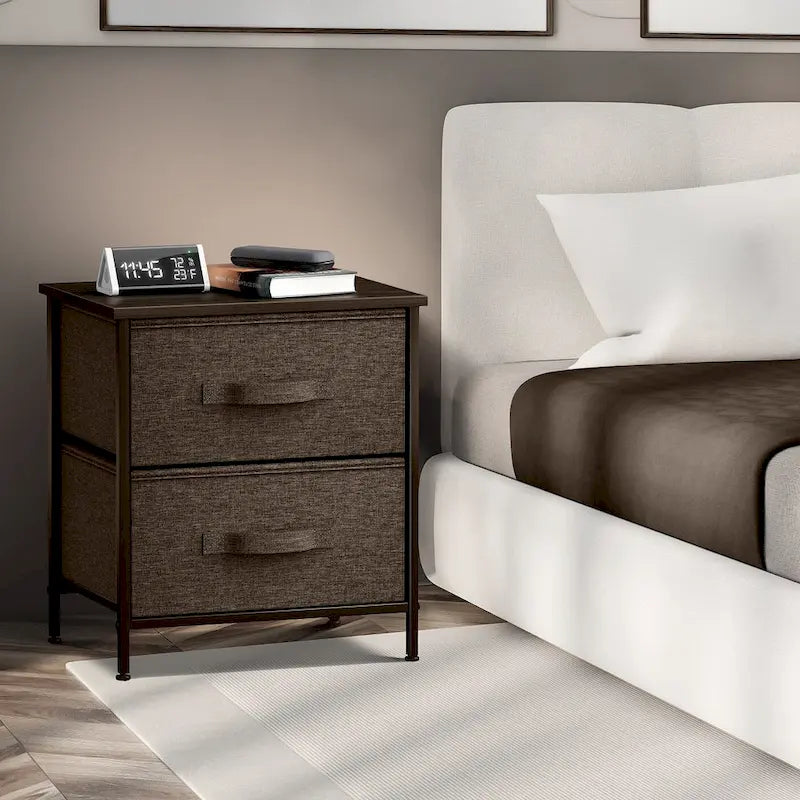 Table de chevet à 2 tiroirs, commode, structure en acier, plateau en bois, bacs en tissu-18