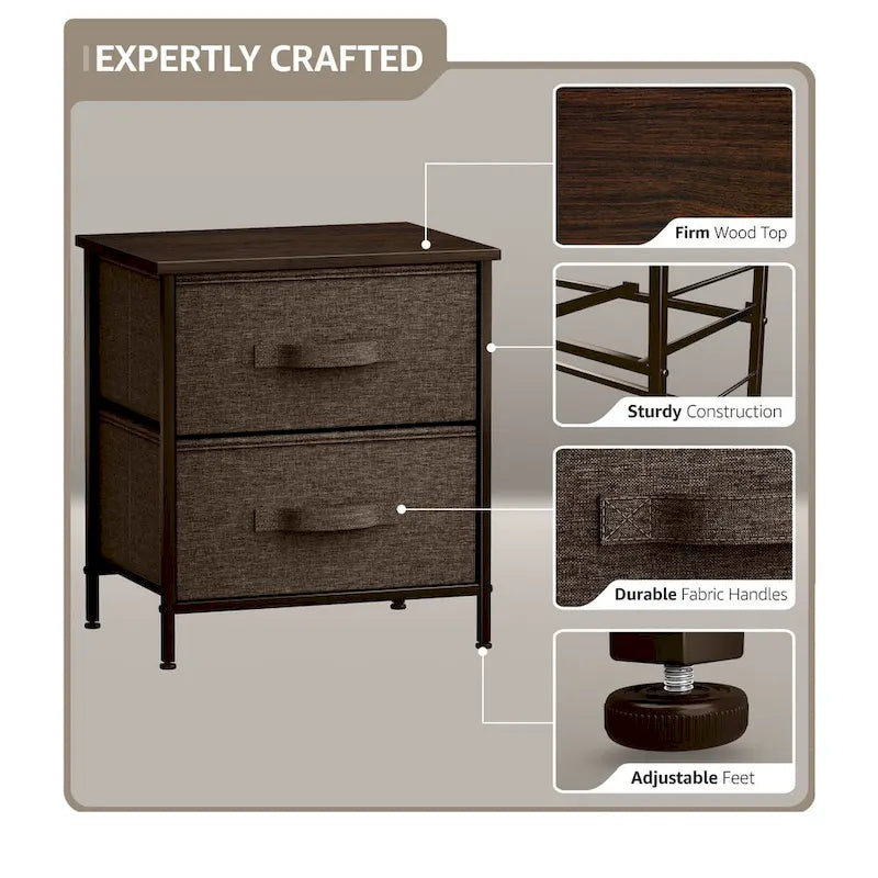 Table de chevet à 2 tiroirs, commode, structure en acier, plateau en bois, bacs en tissu-19