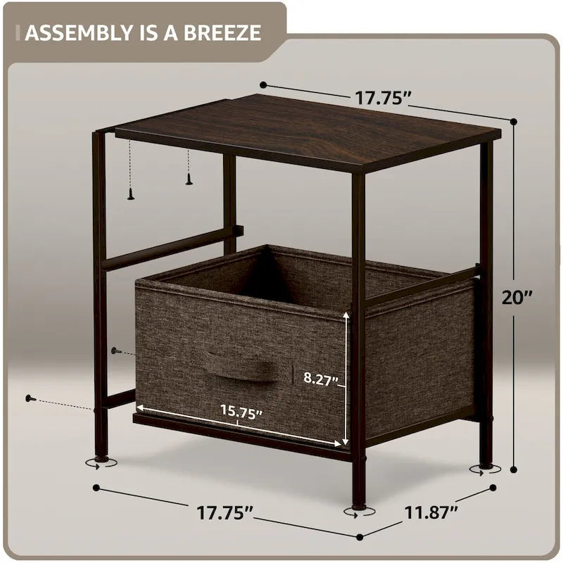 Table de chevet à 2 tiroirs, commode, structure en acier, plateau en bois, bacs en tissu-20