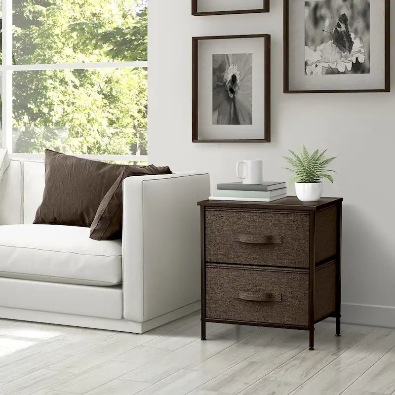 Table de chevet à 2 tiroirs, commode, structure en acier, plateau en bois, bacs en tissu-22