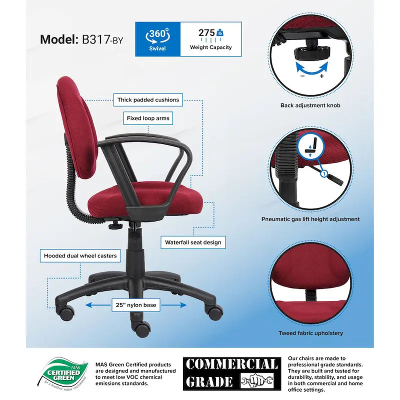 Chaise de bureau ergonomique Boss bordeaux à dossier mi-haut-7