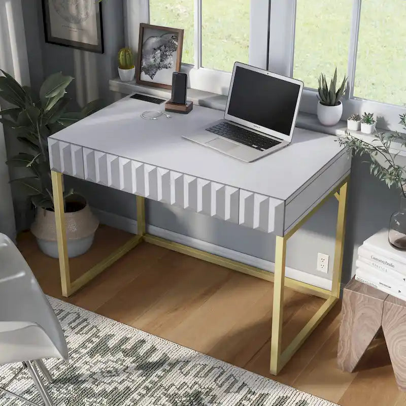 Bureau d'ordinateur moderne Bird de 42 pouces en métal avec ports USB, par Furniture of America-10