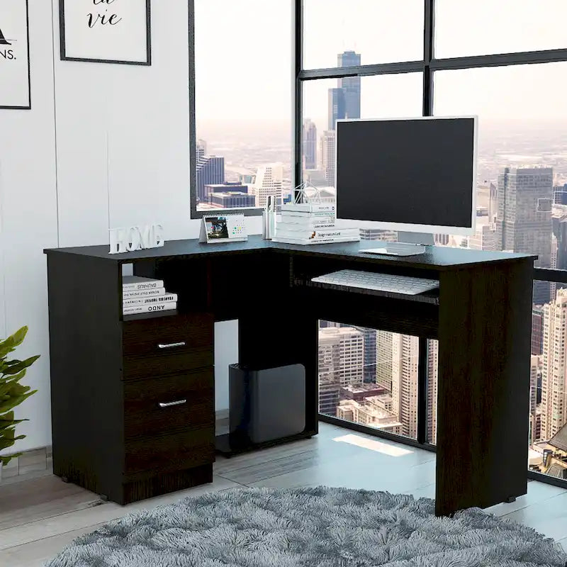 Bureau en L TUHOME Mix avec étagères ouvertes, 2 tiroirs et clavier rétractable-22