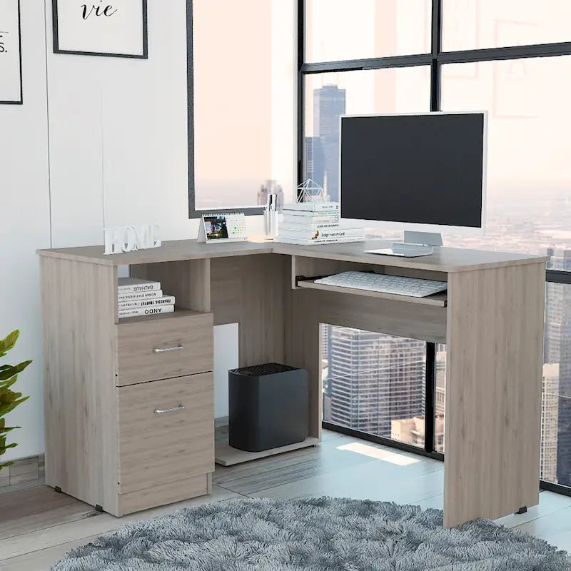 Bureau en L TUHOME Mix avec étagères ouvertes, 2 tiroirs et clavier rétractable-24