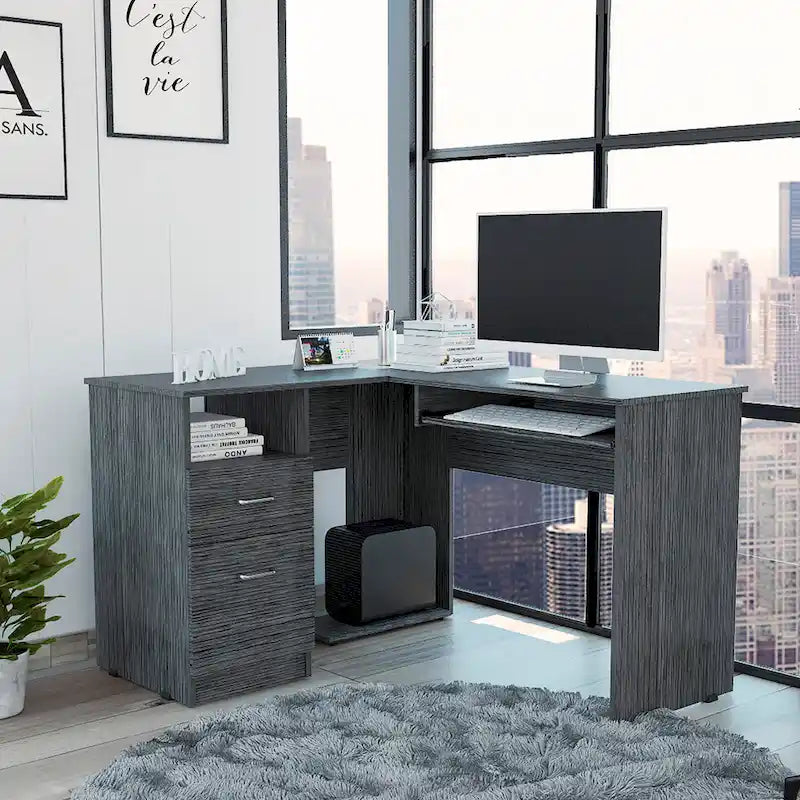 Bureau en L TUHOME Mix avec étagères ouvertes, 2 tiroirs et clavier rétractable