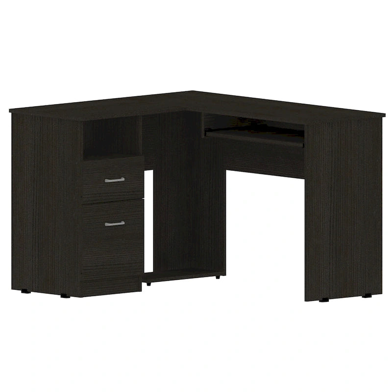 Bureau en L TUHOME Mix avec étagères ouvertes, 2 tiroirs et clavier rétractable-5