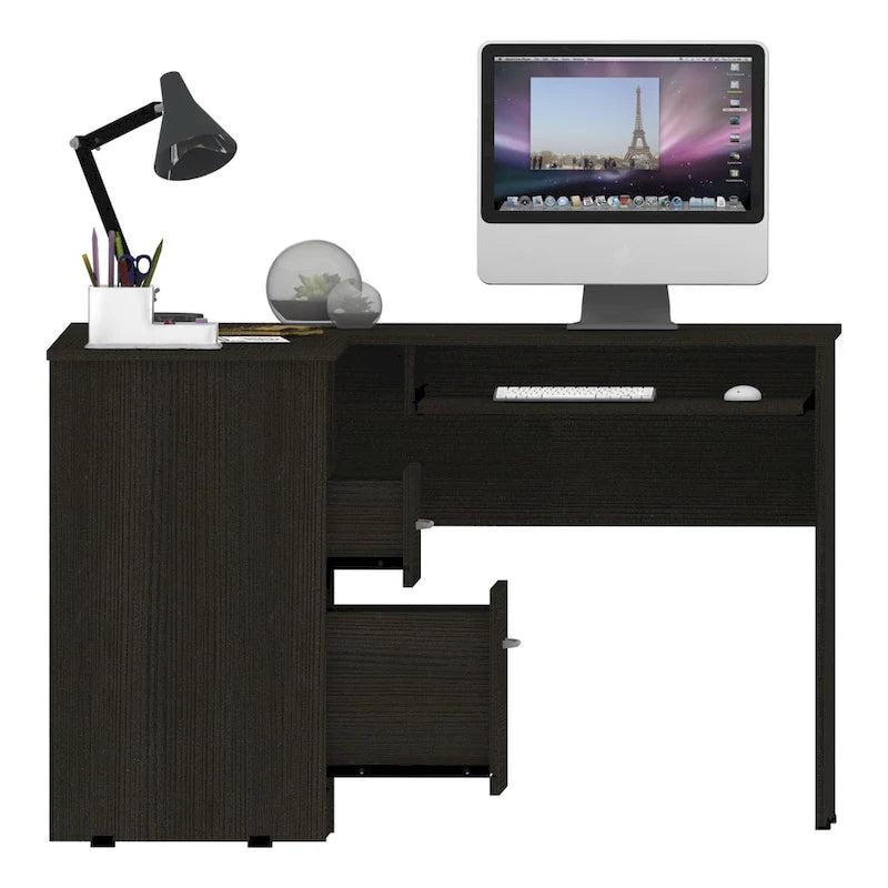Bureau en L TUHOME Mix avec étagères ouvertes, 2 tiroirs et clavier rétractable-6