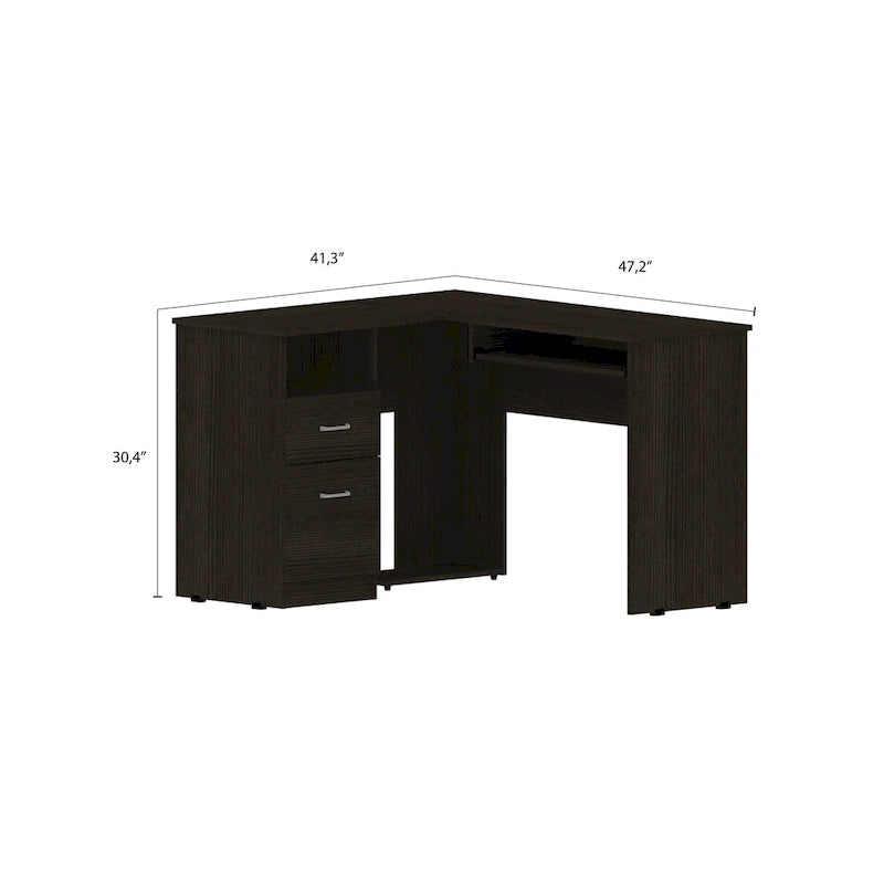 Bureau en L TUHOME Mix avec étagères ouvertes, 2 tiroirs et clavier rétractable-7