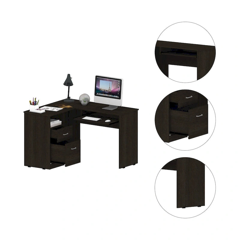 Bureau en L TUHOME Mix avec étagères ouvertes, 2 tiroirs et clavier rétractable-9