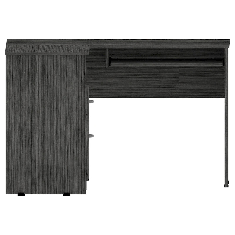 Bureau en L TUHOME Mix avec étagères ouvertes, 2 tiroirs et clavier rétractable-10