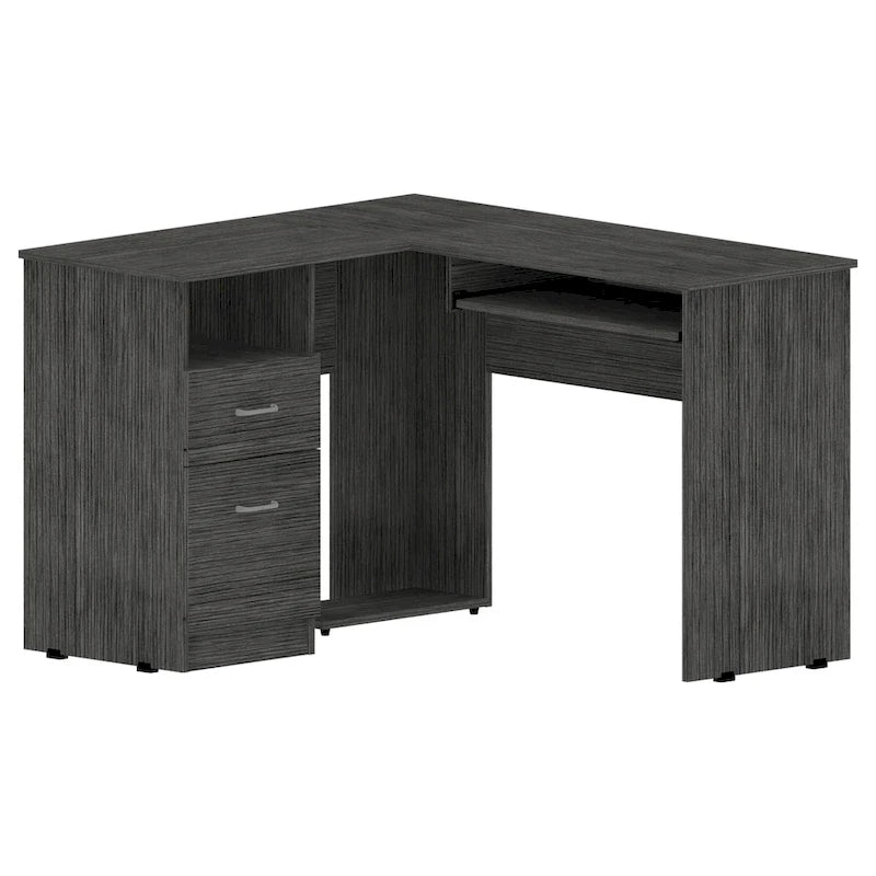 Bureau en L TUHOME Mix avec étagères ouvertes, 2 tiroirs et clavier rétractable-11