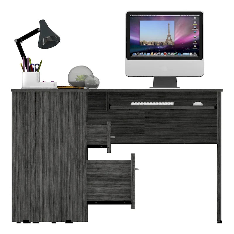 Bureau en L TUHOME Mix avec étagères ouvertes, 2 tiroirs et clavier rétractable-12