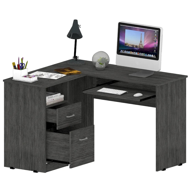 Bureau en L TUHOME Mix avec étagères ouvertes, 2 tiroirs et clavier rétractable-13