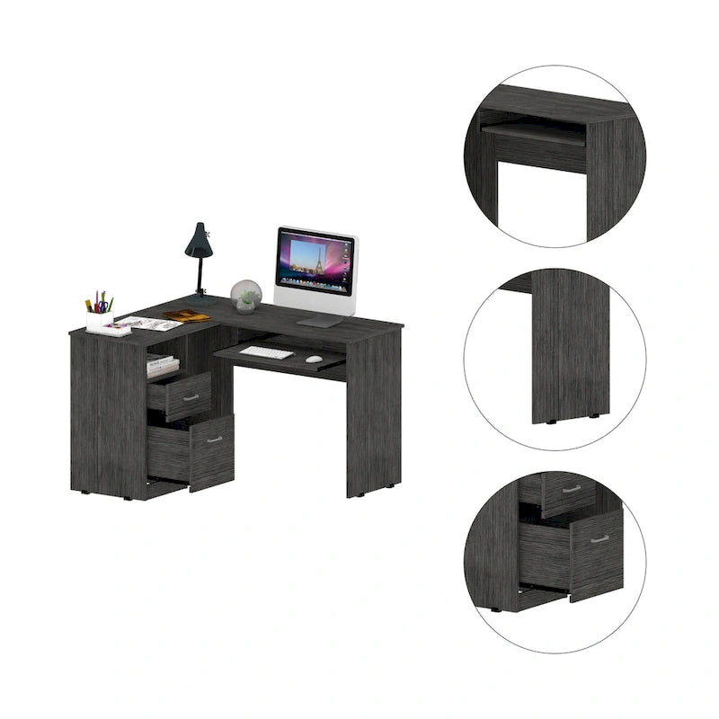 Bureau en L TUHOME Mix avec étagères ouvertes, 2 tiroirs et clavier rétractable-15