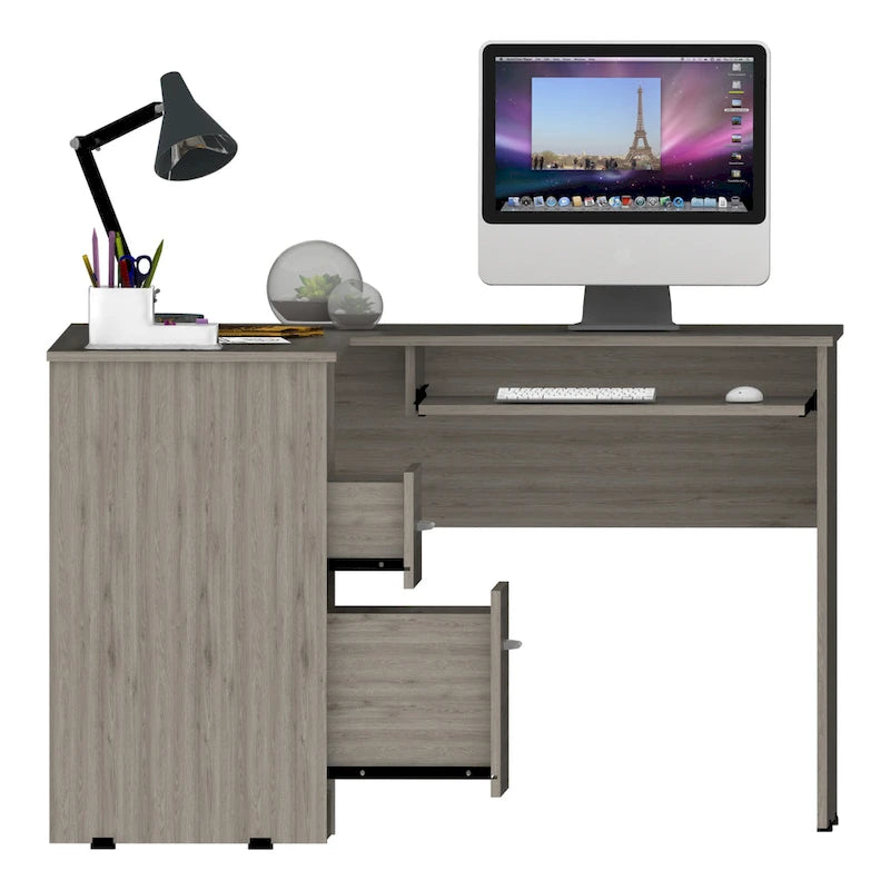 Bureau en L TUHOME Mix avec étagères ouvertes, 2 tiroirs et clavier rétractable-18
