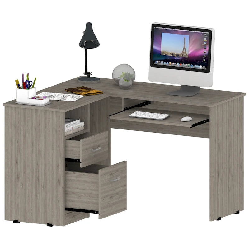 Bureau en L TUHOME Mix avec étagères ouvertes, 2 tiroirs et clavier rétractable-19