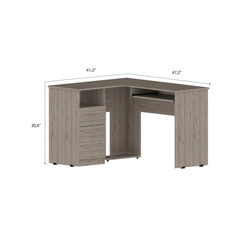 Bureau en L TUHOME Mix avec étagères ouvertes, 2 tiroirs et clavier rétractable-20