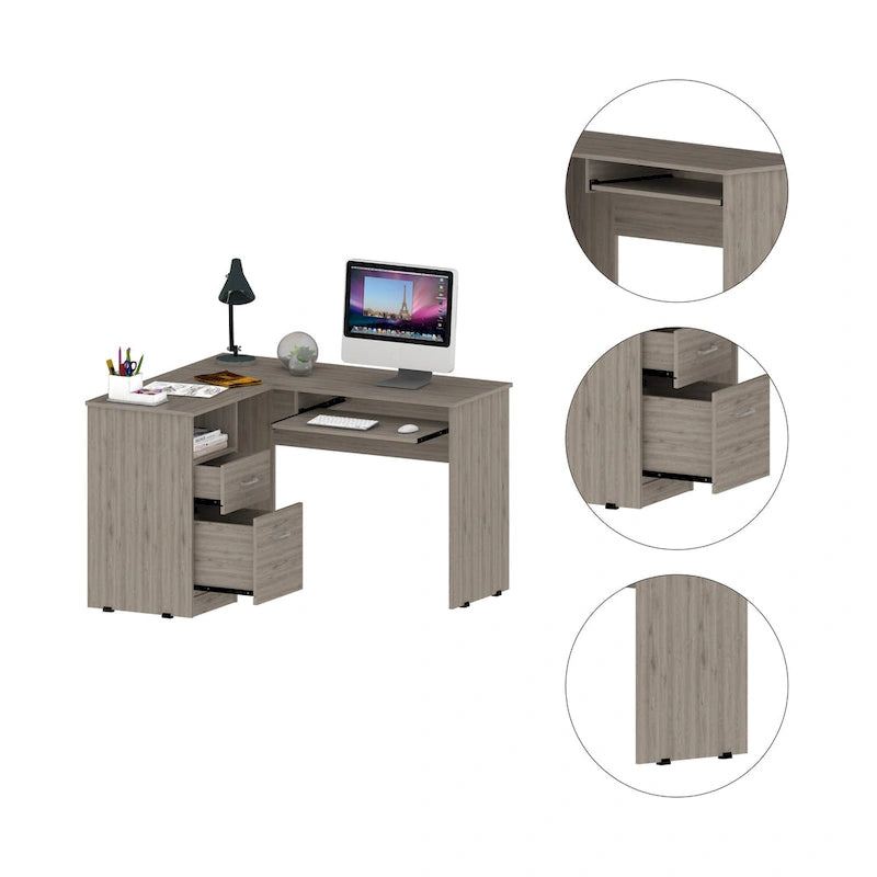 Bureau en L TUHOME Mix avec étagères ouvertes, 2 tiroirs et clavier rétractable-21