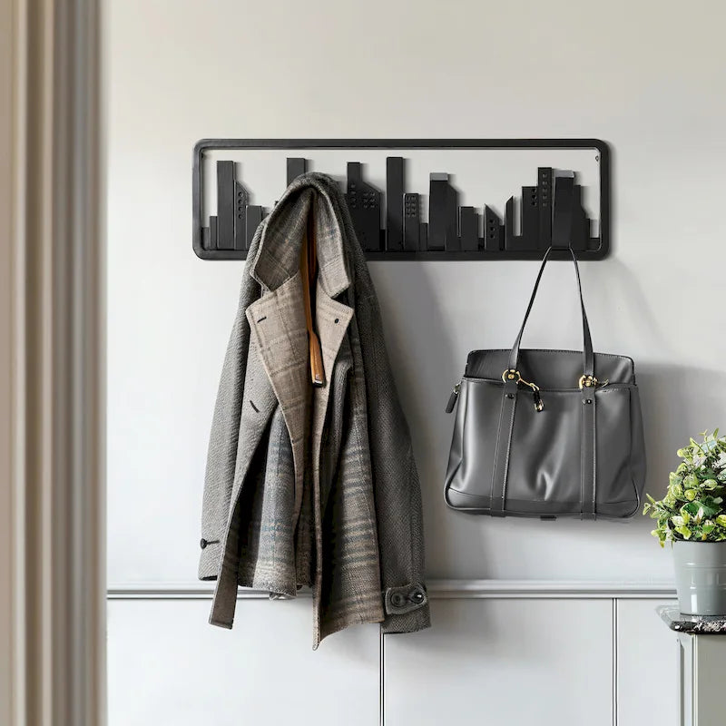 Porte-manteau et porte-serviettes mural en bois noir à 4 crochets - 56,6 cm de large-3