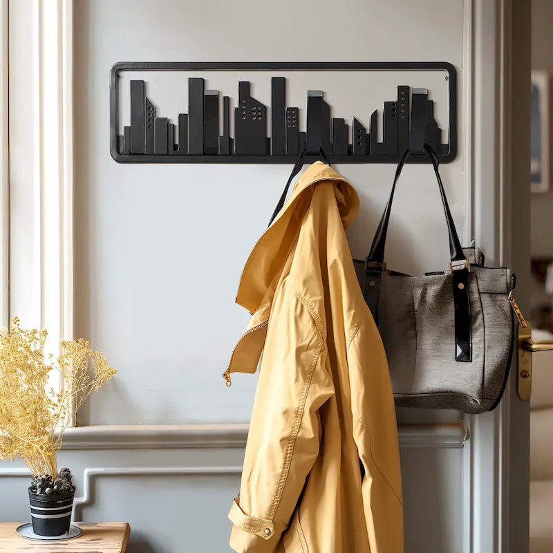 Porte-manteau et porte-serviettes mural en bois noir à 4 crochets - 56,6 cm de large-5