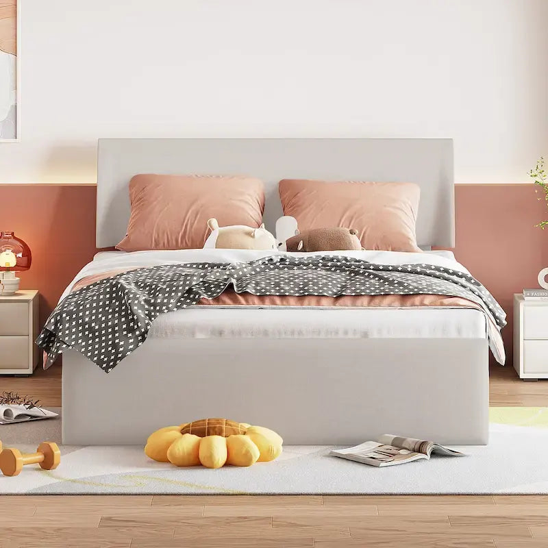 Lit traîneau Queen Size avec système de rangement hydraulique à bascule latérale, revêtement en lin, beige