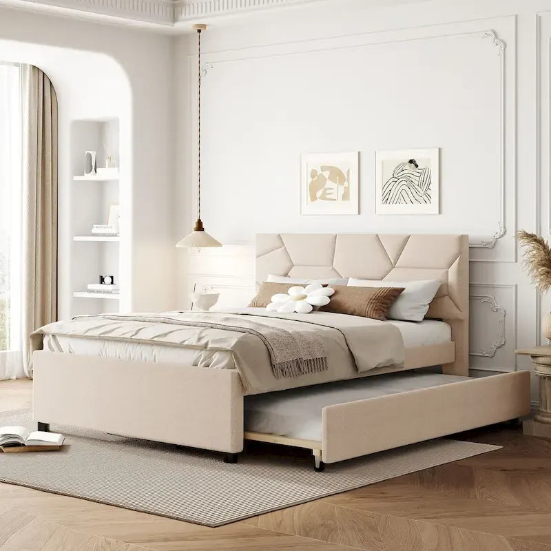 Full Size Upholstered Platform Bed with Brick Pattern Headboard and Twin Size Trundle, Linen Fabric, Beige
