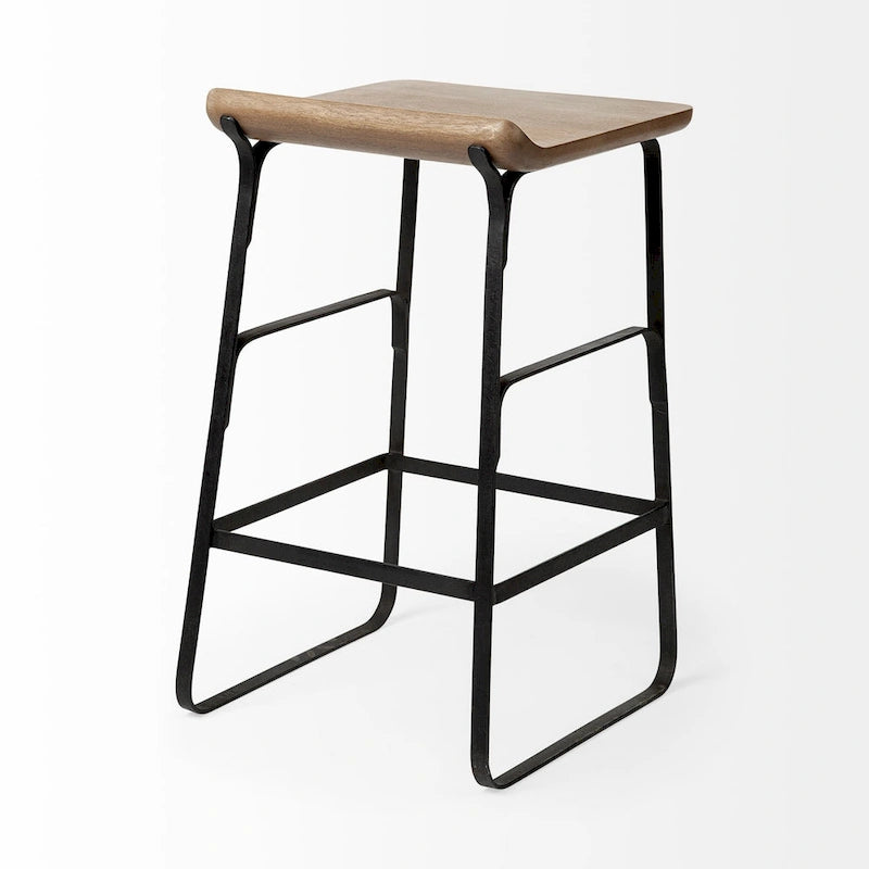 Tabouret de bar Conan, assise en bois massif brun moyen et structure en métal noir - 38,1 cm (L) x 40,6 cm (l) x 63,5 cm (H)-7