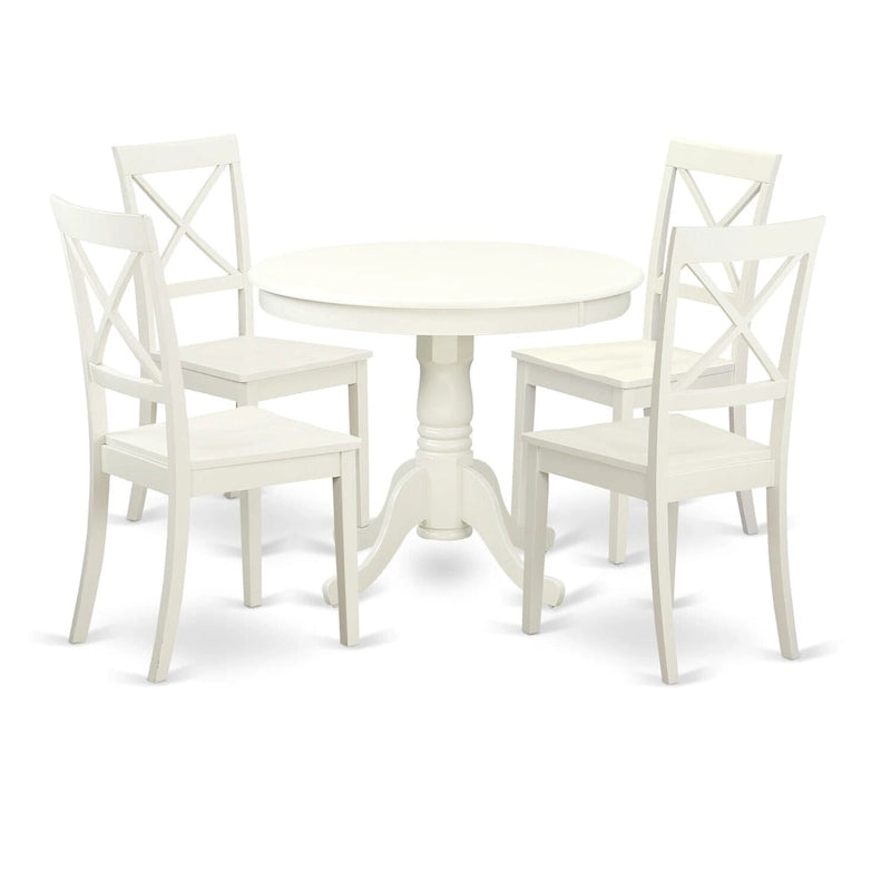 Ensemble de table de cuisine East West Furniture - Table de salle à manger ronde et chaises en bois massif, blanc lin (composition au choix)