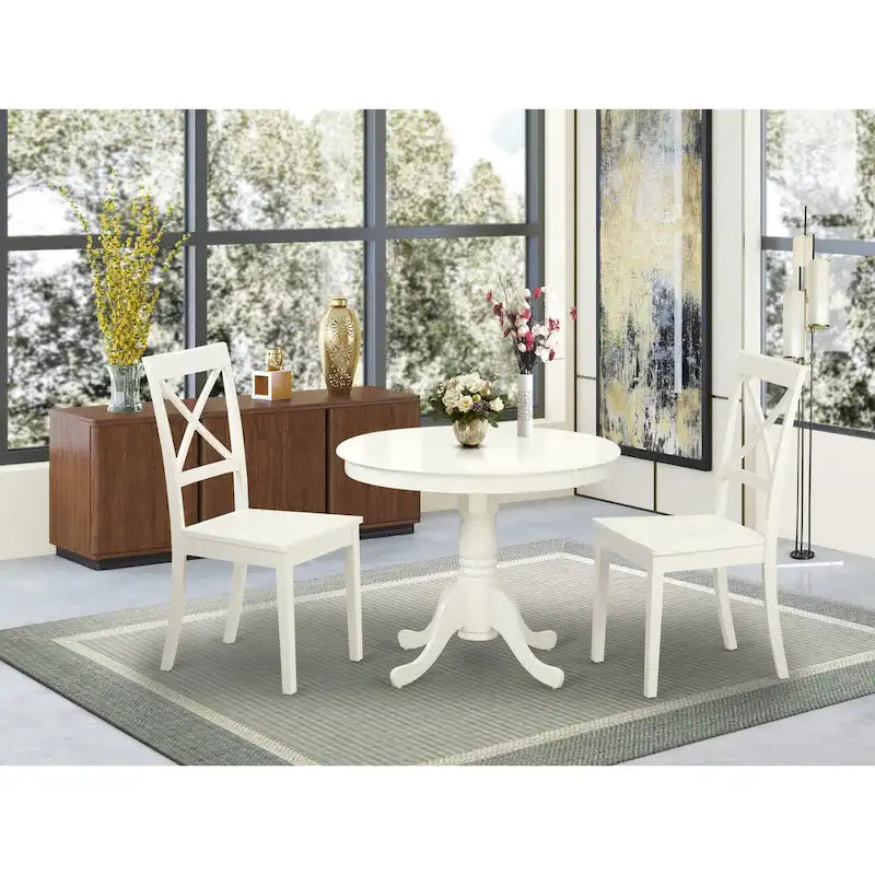 Ensemble de table de cuisine East West Furniture - Table de salle à manger ronde et chaises en bois massif, blanc lin (composition au choix)-4