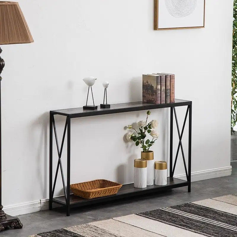 Table console étroite à cadre en fer croisé et panneau Triamine-12