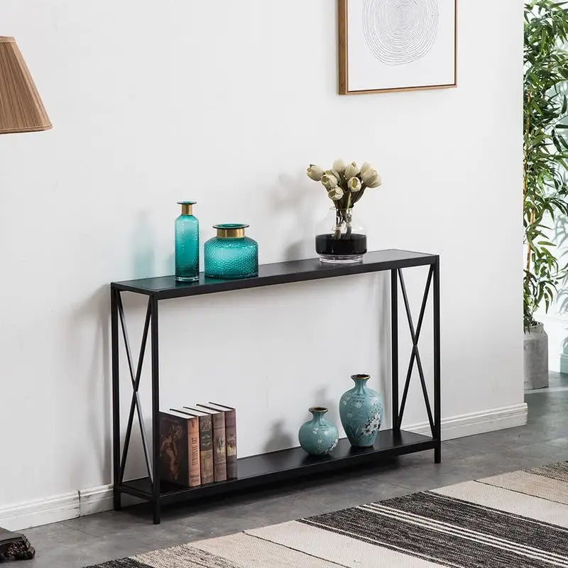 Table console étroite à cadre en fer croisé et panneau Triamine-2