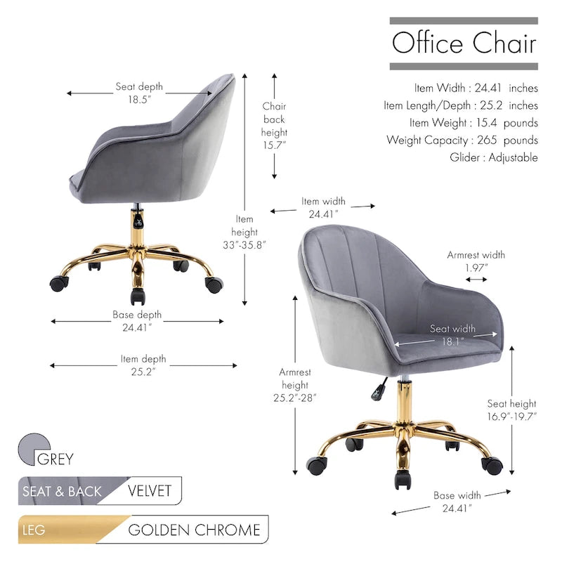 Fauteuil de bureau Porthos Home Xenos en velours avec piètement chromé doré-35