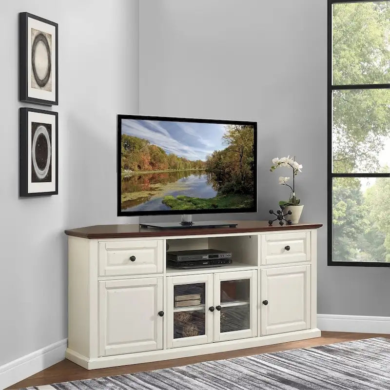 Crosley Shelby 60 Corner Tv Stand In White With Mahogany Top