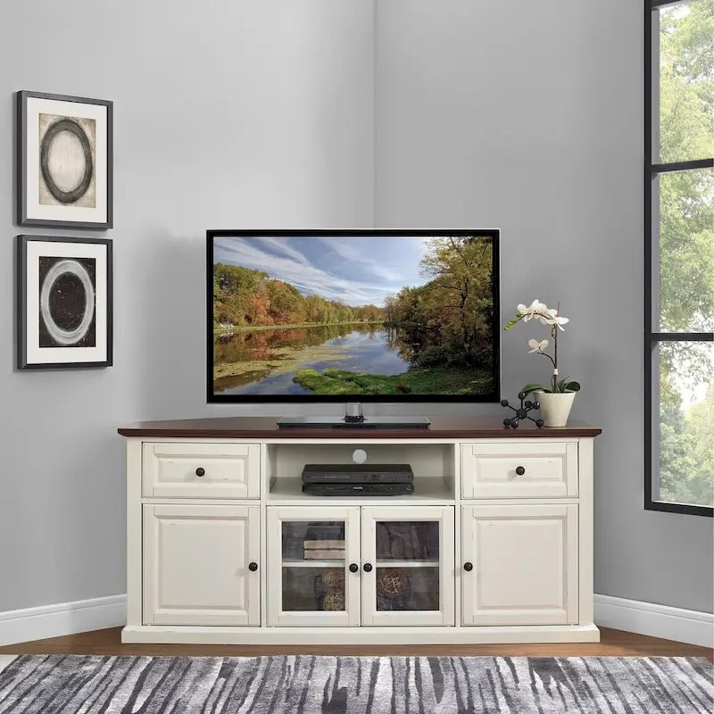 Meuble TV d'angle Crosley Shelby 60 blanc avec plateau en acajou
