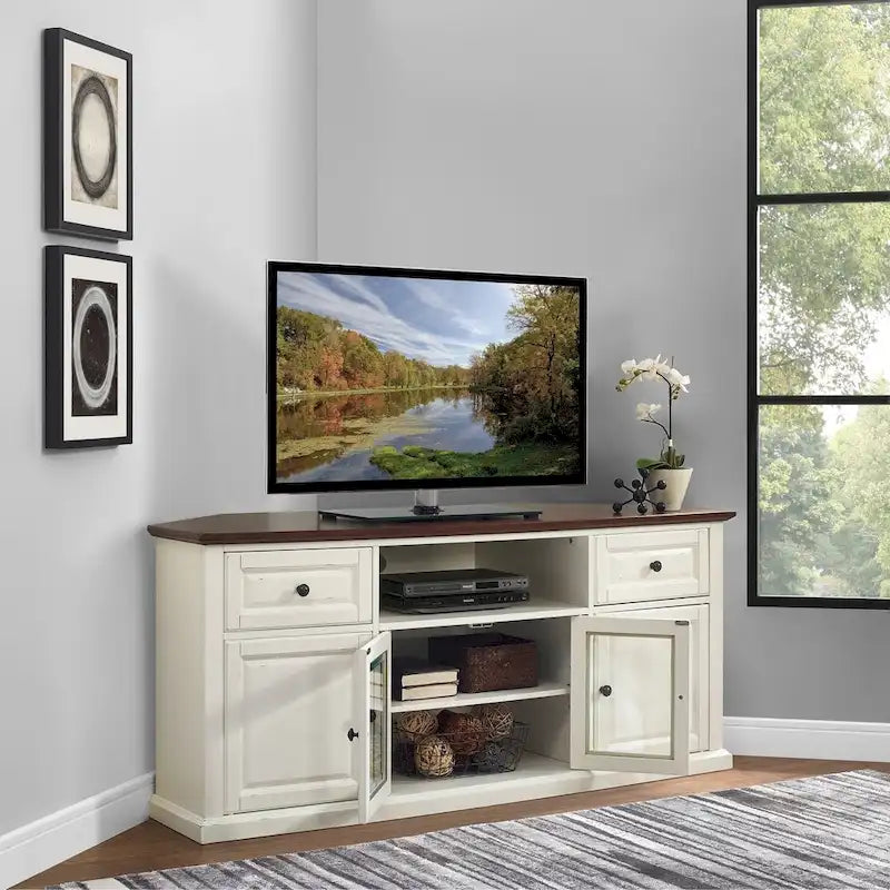 Meuble TV d'angle Crosley Shelby 60 blanc avec plateau en acajou-3