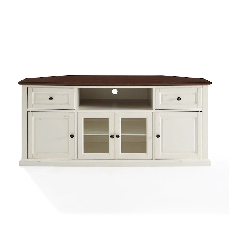 Meuble TV d'angle Crosley Shelby 60 blanc avec plateau en acajou-4