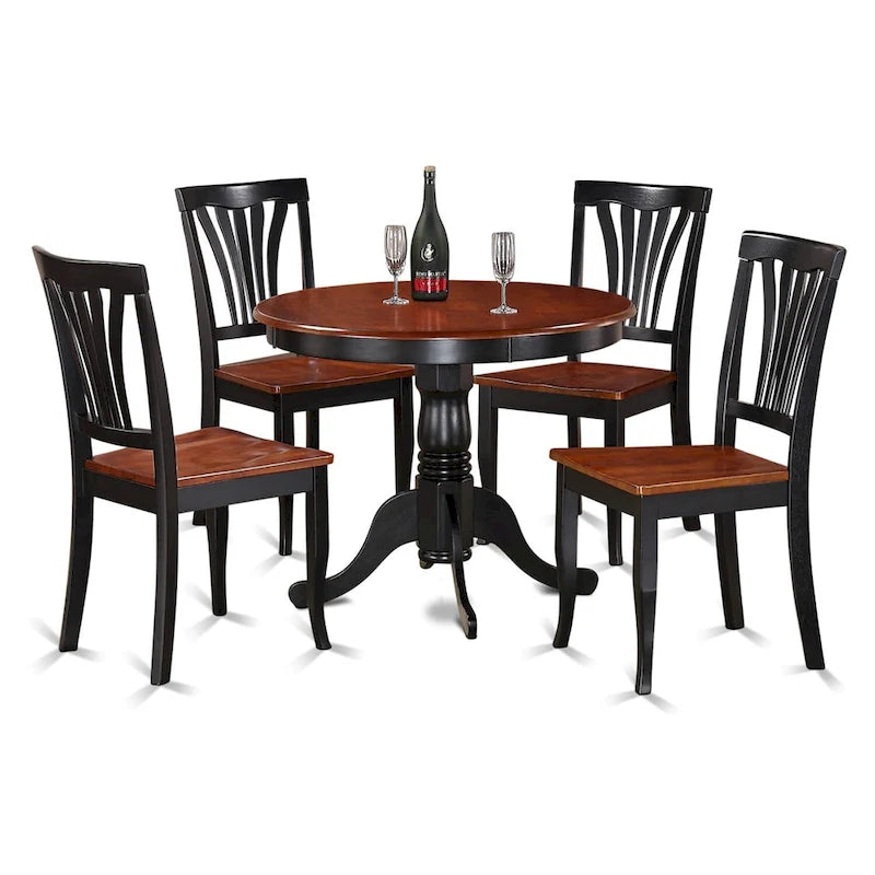 Ensemble de table de cuisine 5 pièces East West Furniture ANAV5-BLK-W : une table ronde et 4 chaises de salle à manger, noir et cerisier.