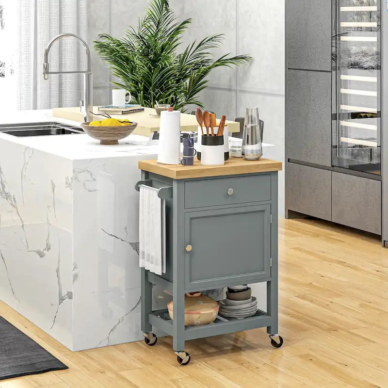 Chariot de cuisine utilitaire HOMCOM, îlot de cuisine roulant avec plateau lisse en bois d'hévéa, surface étroite de type bloc de boucher sur roulettes-10