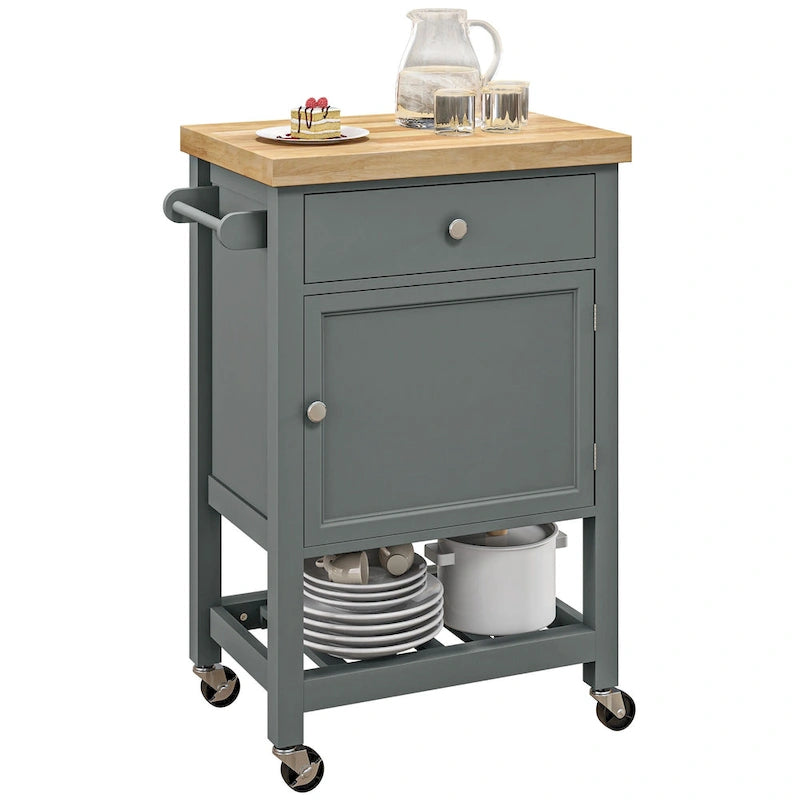 Chariot de cuisine utilitaire HOMCOM, îlot de cuisine roulant avec plateau lisse en bois d'hévéa, surface étroite de type bloc de boucher sur roulettes-2