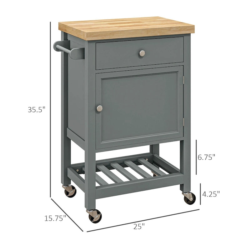 Chariot de cuisine utilitaire HOMCOM, îlot de cuisine roulant avec plateau lisse en bois d'hévéa, surface étroite de type bloc de boucher sur roulettes-3
