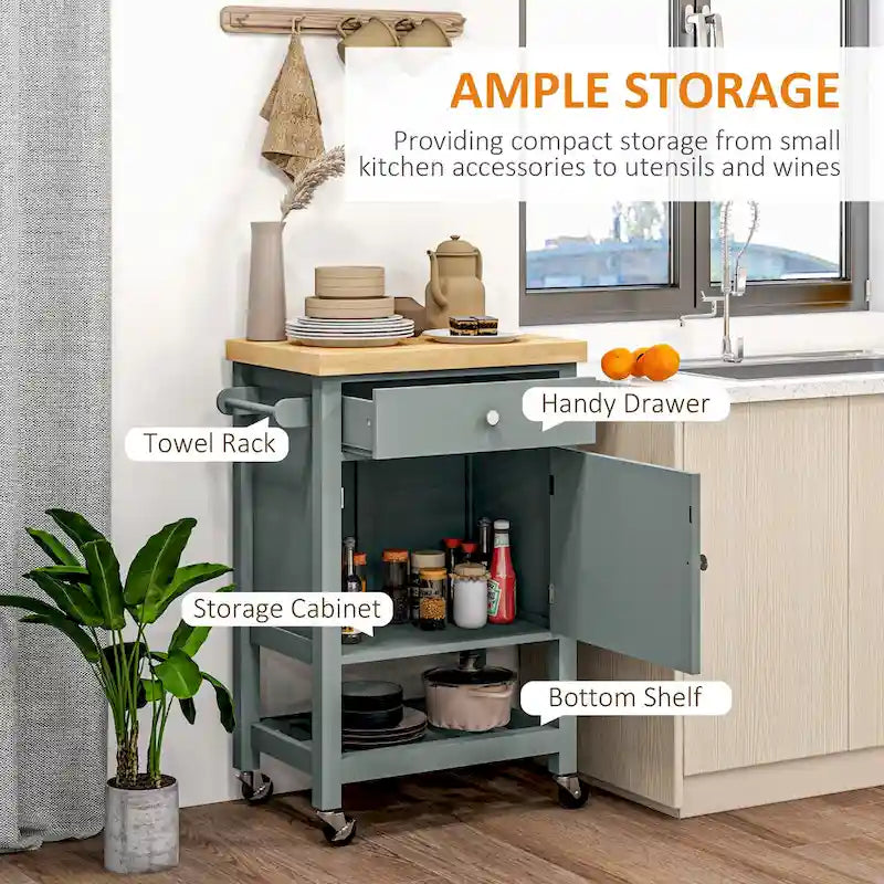 Chariot de cuisine utilitaire HOMCOM, îlot de cuisine roulant avec plateau lisse en bois d'hévéa, surface étroite de type bloc de boucher sur roulettes-4