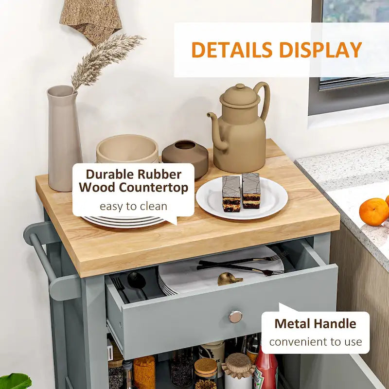 Chariot de cuisine utilitaire HOMCOM, îlot de cuisine roulant avec plateau lisse en bois d'hévéa, surface étroite de type bloc de boucher sur roulettes-6