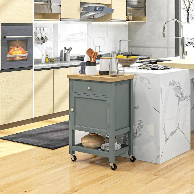 Chariot de cuisine utilitaire HOMCOM, îlot de cuisine roulant avec plateau lisse en bois d'hévéa, surface étroite de type bloc de boucher sur roulettes-7