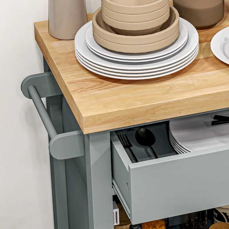 Chariot de cuisine utilitaire HOMCOM, îlot de cuisine roulant avec plateau lisse en bois d'hévéa, surface étroite de type bloc de boucher sur roulettes-8