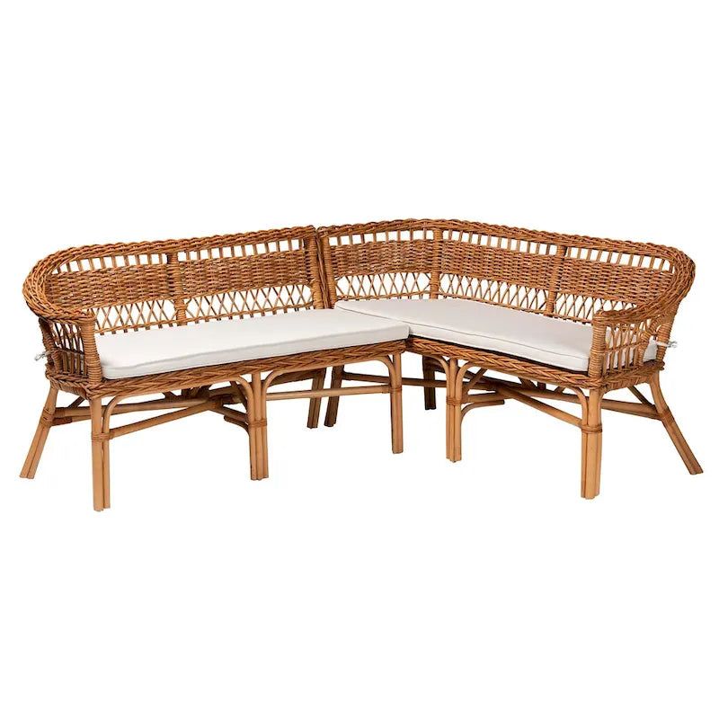 Ensemble banquette de salle à manger 2 pièces Bali &amp; Pari Nella, style bohème moderne, en rotin marron naturel