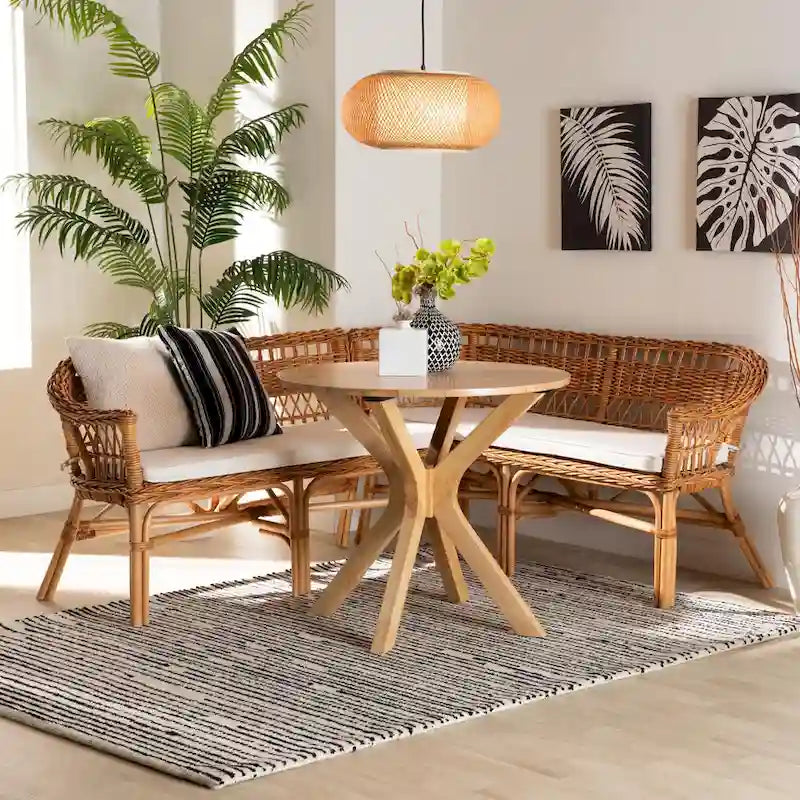 Ensemble banquette de salle à manger 2 pièces Bali &amp; Pari Nella, style bohème moderne, en rotin marron naturel-8