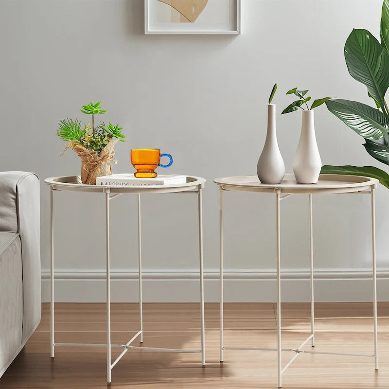 Table d'appoint/de chevet VECELO, ronde et pliante, en métal antirouille et imperméable, pour salon, chambre ou table de nuit.