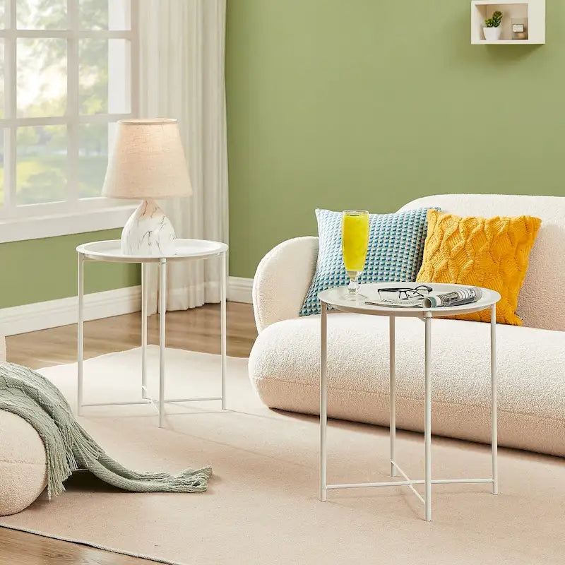 Table d'appoint/de chevet VECELO, ronde et pliante, en métal antirouille et imperméable, pour salon, chambre ou table de nuit.-3