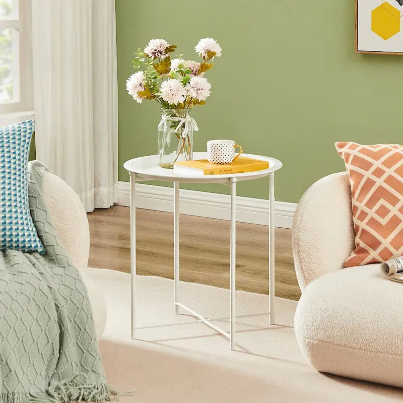 Table d'appoint/de chevet VECELO, ronde et pliante, en métal antirouille et imperméable, pour salon, chambre ou table de nuit.-4