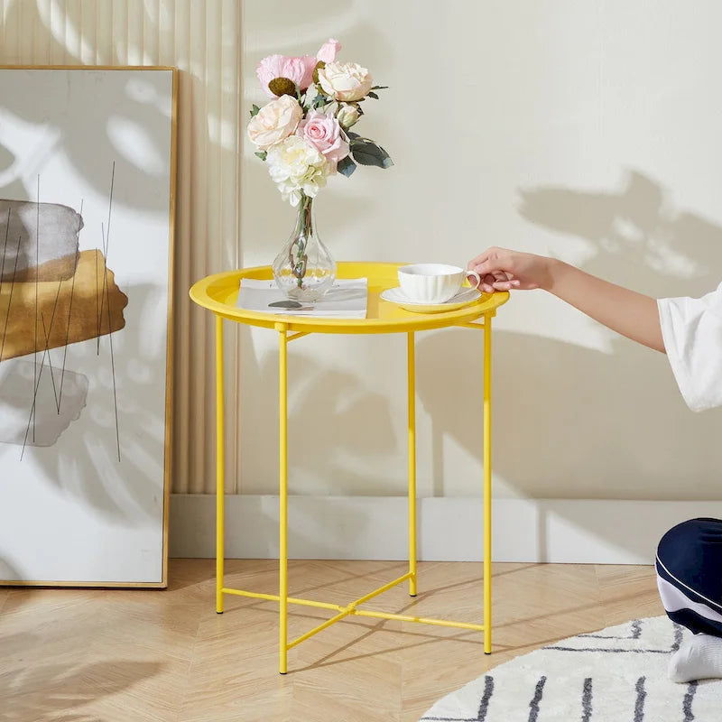 Table d'appoint/de chevet VECELO, ronde et pliante, en métal antirouille et imperméable, pour salon, chambre ou table de nuit.-11